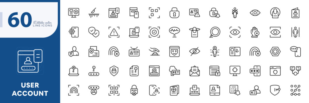 User Authentication line icon collection. Identity verification, biometrics, fingerprint, two-factor authentication, and access control vector icons. Editable pixel-perfect stroke icon