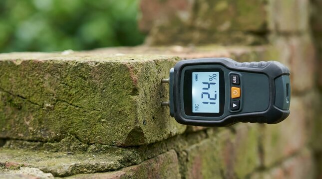Electronic moisture meter measuring humidity in moss-covered brick wall for accurate construction analysis