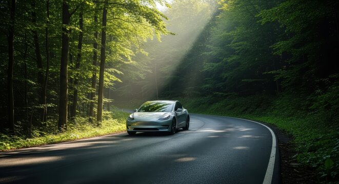 Driving through a serene forest road at dawn, a sleek electric car glides effortlessly in the soft morning light