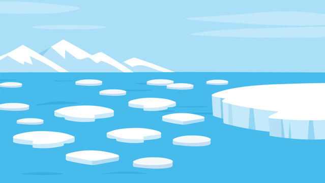Simple flat Arctic illustration with scattered ice floes on calm blue water and snowy mountains in the background, vector style. 