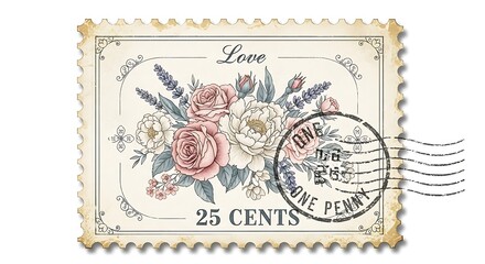 Obraz premium Vintage floral postage stamp design with roses and lavender illustration