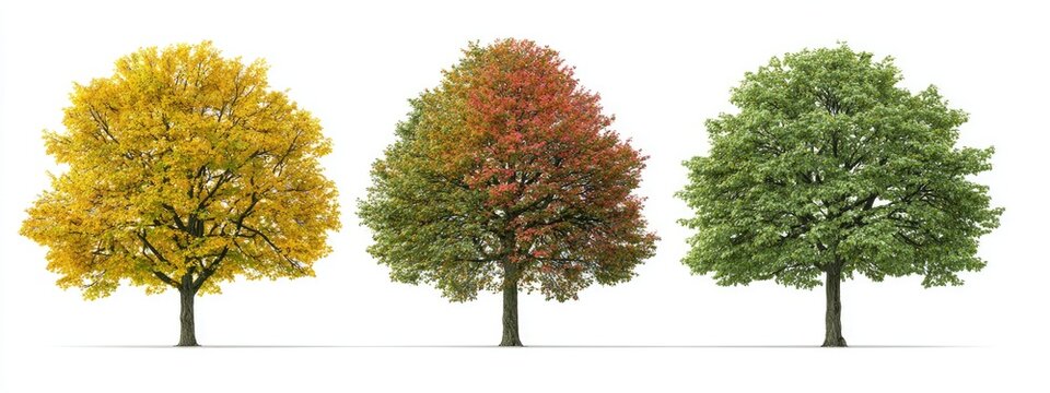 Three trees showing the different stages of fall foliage, each isolated on a white background