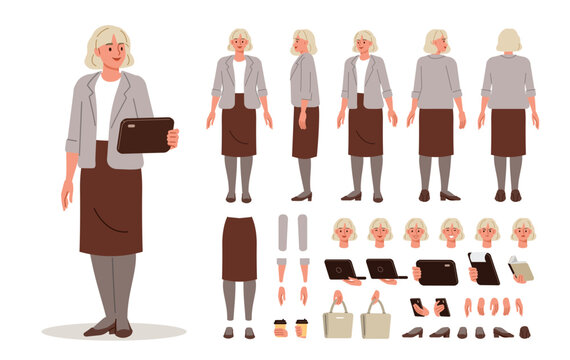 Corporate woman wearing business casual outfit with blazer and skirt holding tablet. Front, side, back view set. Poses and postures, collection vector illustration. 