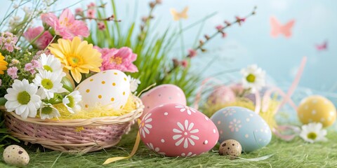 Fototapeta premium Happy Easter greeting scene with colorful eggs nest flowers and spring decor.