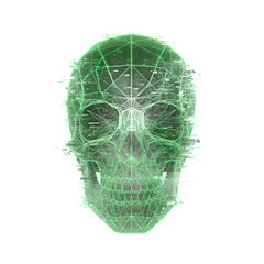 Digital Skull with Glitch Effect and Wireframe Overlay