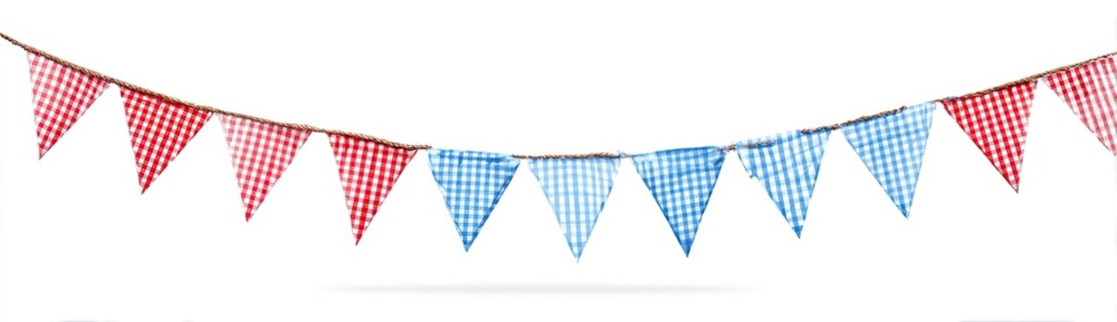 A string of triangular pennants in red and blue gingham hang against a white backdrop