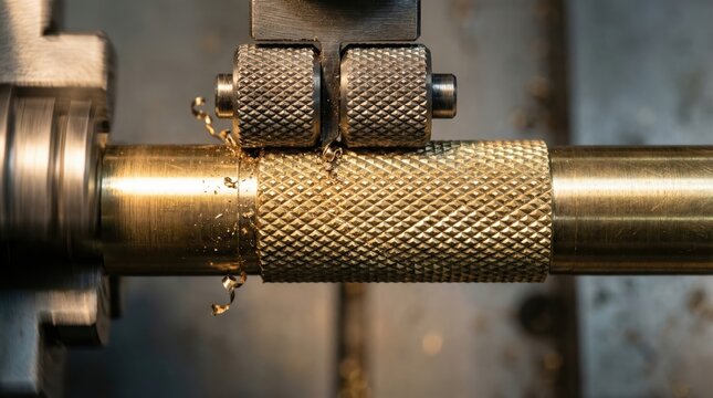 Close-up of metalworking lathe knurling brass cylinder in industrial workshop setting with precise detail and metallic texture