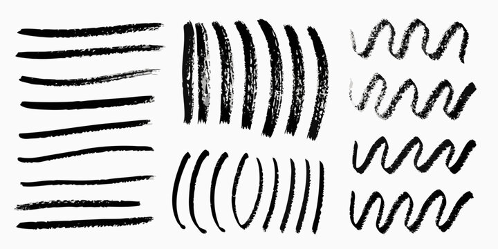 Abstract brushstrokes in black varied lines and textures on white
