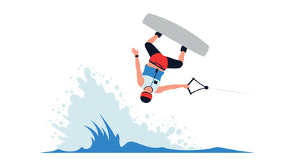 man wakeboarding performing a trick with splash in hand drawn flat style