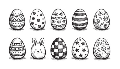 A sketched illustration of ten Easter eggs with different black and white designs, including a cute bunny face, creating a charming and festive design element.
