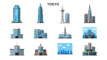 Obraz premium set of hand drawn tokyo city buildings landmark icons collection in flat design style for urban and travel illustration