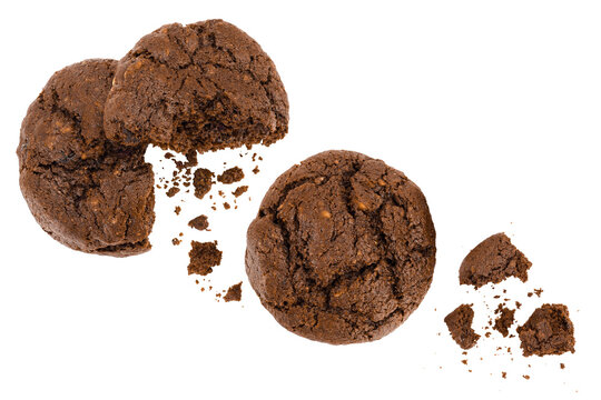chocolate cookies isolated on white background with full depth of field. Top view. Flat lay