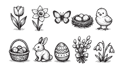Black and white hand-drawn set of Easter icons, including a bunny, eggs, flowers and a chick, all rendered in a sketchy, illustrative style on a white background.