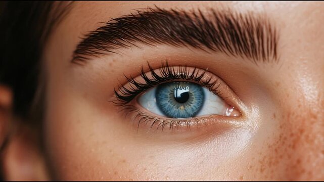 Close-up view of a human eye with blue iris and detailed eyelashes captured in natural light indoors at a home setting