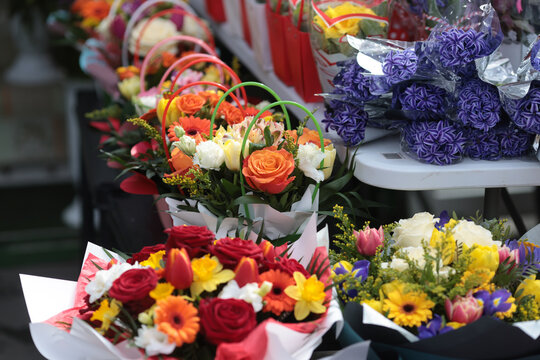 Details with flowers for sale in a street shop in Bucharest, Romania