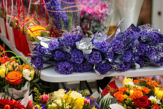 Details with flowers for sale in a street shop in Bucharest, Romania