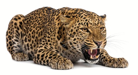 Fototapeta premium Majestic leopard with characteristic spotted fur captured in an aggressive crouch, snarling fiercely with its mouth open, revealing its formidable teeth.