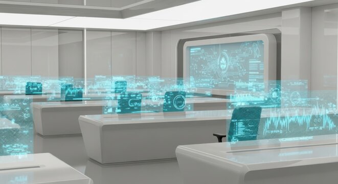 A futuristic laboratory with floating blue digital cubes above white desks and a large screen on the wall displaying complex data visualizations from a frontal viewpoint.