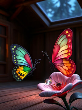 A butterfly, a marble and a rainbow in a cabin