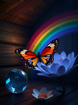 A butterfly, a marble and a rainbow in a cabin