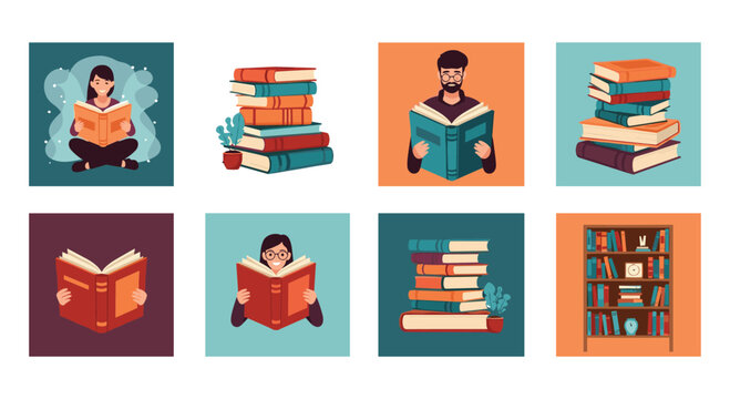 Collection of eight illustrations celebrating the love of reading, featuring diverse people with books, stacks of books, and a bookshelf.