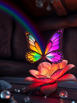 A butterfly, a marble and a rainbow in a cabin