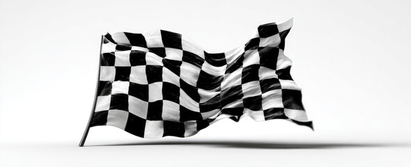 Fototapeta premium A checkered flag, waving in mid-air against a plain white background, symbolizing victory