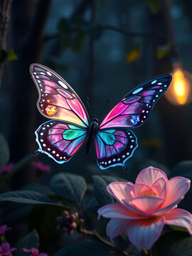 A crystal butterfly, a flower, a marble and a rainbow
