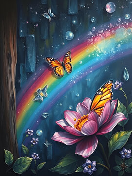 A crystal butterfly, a flower, a marble and a rainbow
