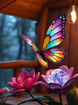 A crystal butterfly, a flower, a marble and a rainbow