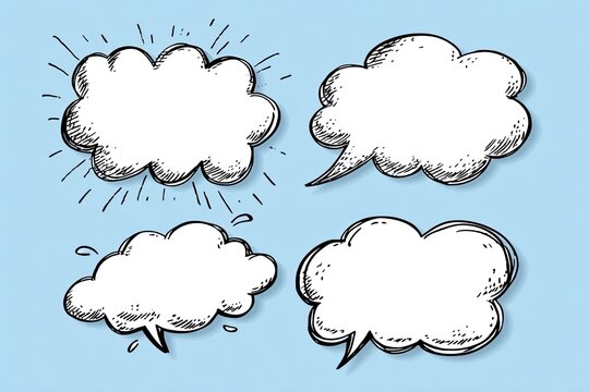 Four hand-drawn cloud-shaped speech bubbles on a pale blue background