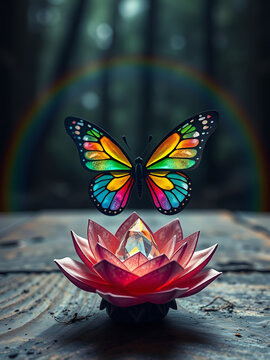 A crystal butterfly, a flower, a marble and a rainbow