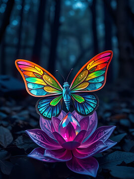 A crystal butterfly, a flower, a marble and a rainbow