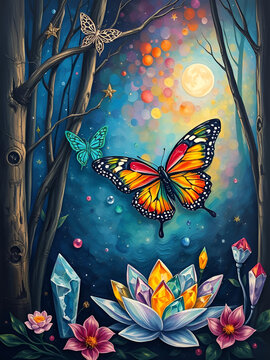 A crystal butterfly, a flower, a marble and a rainbow