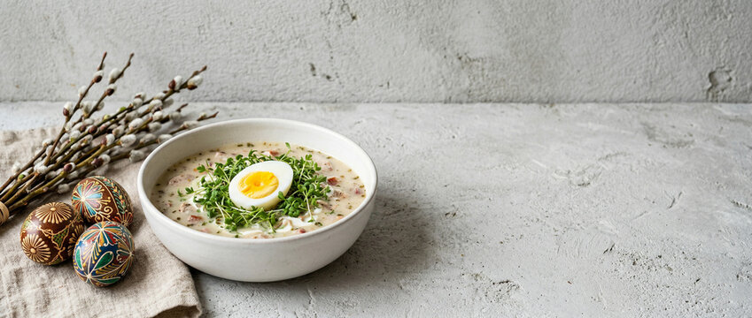 Minimalistyczna biała miska z barszczem białym, jajkiem i kiełbasą. Polska potrawa wielkanocna w świątecznej, minimalistycznej aranżacji z pustym miejscem na tekst