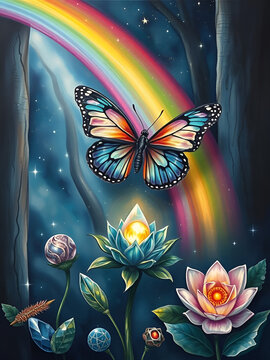A crystal butterfly, a flower, a marble and a rainbow