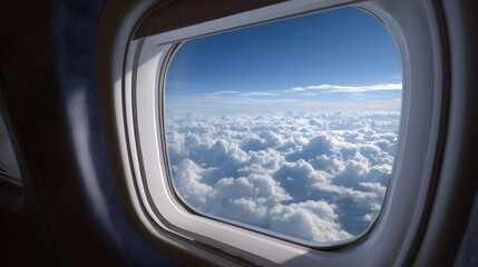 Fototapeta premium Airplane window view of endless fluffy white clouds against a vibrant blue sky