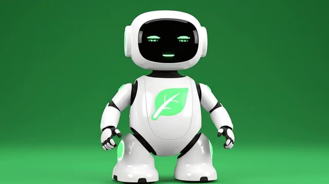 A futuristic robot stands on a green screen in a studio setting viewed from the front with a glowing green logo on its chest.