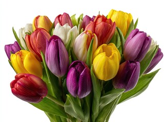 Vibrant bouquet of colorful tulips against a white background, tightly clustered