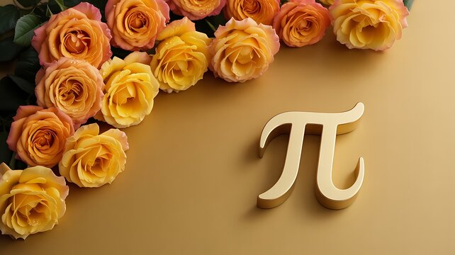 Golden Pi Symbol with Yellow and Pink Roses on Textured Background