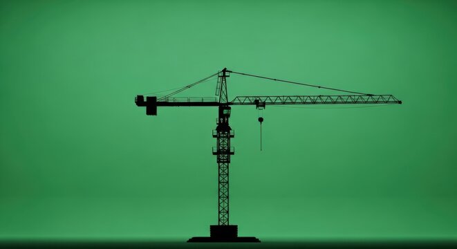 Crane standing tall against a vibrant green gradient background, viewed from the front, construction site machinery in sharp focus