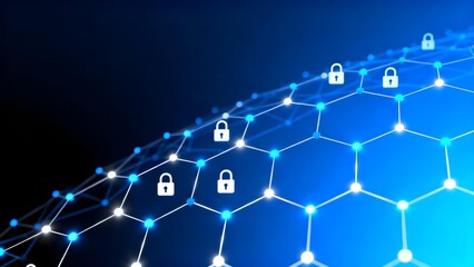 Obraz premium Cybersecurity background with blockchain hexagonal grid and secure padlock nodes