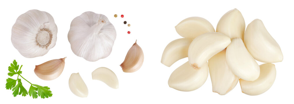 whole garlic and cloves isolated on white background. Top view. Flat lay.