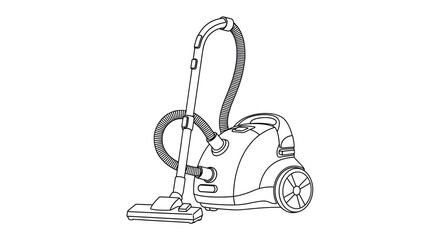 Line drawing of a classic upright vacuum cleaner with a hose and wheels © Ziaul_Studio
