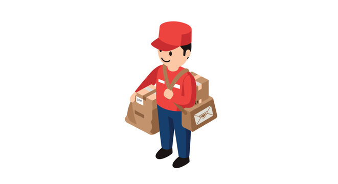 delivery person in red uniform carrying parcels and a mailbag isometric vector illustration