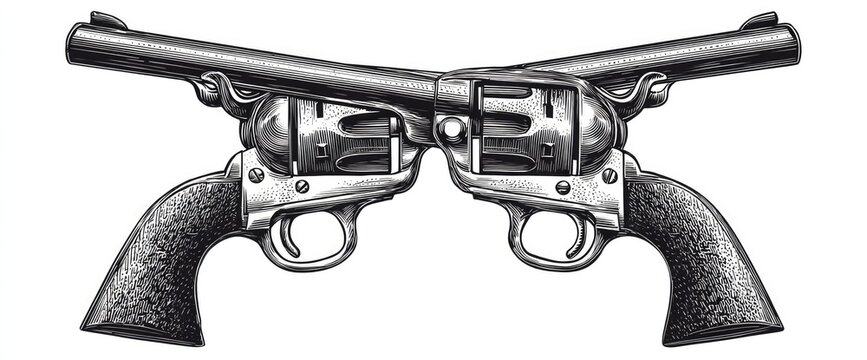 Two crossed revolvers, detailed, monochromatic, vintage style
