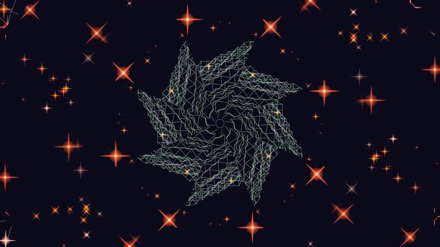 Abstract Wireframe Grid Landscape with Glowing Orange Particles on Dark Background