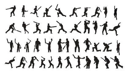 Collection of dynamic cricket player silhouettes in various actions © pixelzoo