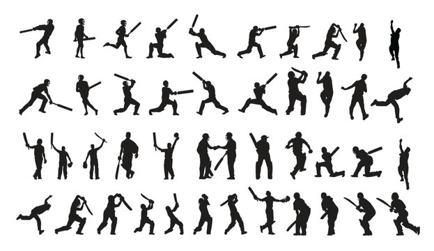 Collection of dynamic cricket player silhouettes in various actions