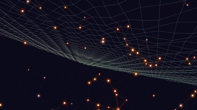 Abstract Wireframe Grid Landscape with Glowing Orange Particles on Dark Background